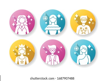 Popular celebrity flat design long shadow glyph icons set. Famous female and male hollywood actors. Talent show star. Successful entertainer. Stylish idol. Silhouette RGB color illustration