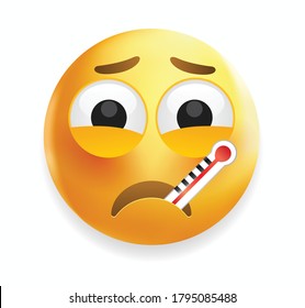 Popular chat elements. Trending emoticon.High quality emoticon on white background.Sick emoji.Yellow face with thermometer.Patient emoji.Fever emoticon.