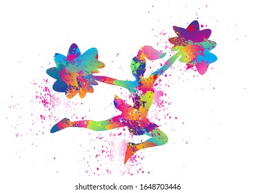 Popular Cheerleader Logo Design. Colorful Sports Background. Dancing girl splash paint. Icon, Symbol, Silhouette, Exercises, Healthcare. Vector illustration.  