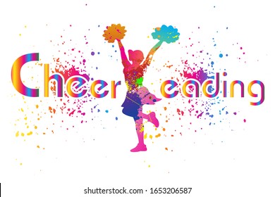 Popular Cheerleading Logo Design. Colorful Text Sports Background. Dancing girl splash paint. Icon, Symbol, Silhouette, Exercises, Healthcare. Vector illustration.