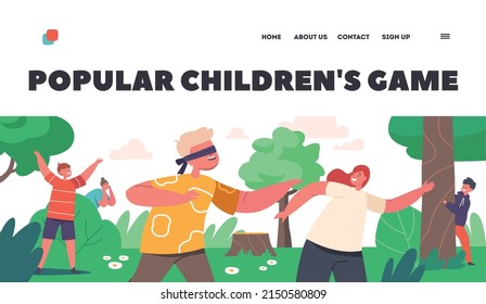 Popular Children Games Landing Page Template. Kids Playing Hide and Seek in Park or Forest, Happy Kids and Mother Characters Summer Fun and Recreation on Nature. Cartoon People Vector Illustration