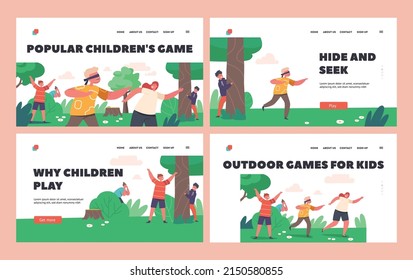 Juego de plantillas de la página de inicio de juegos infantiles populares. Niños jugando al escondite y a buscar en el parque o bosque, niños felices y personajes de la madre Diversión de verano y recreación sobre la naturaleza. Ilustración de vectores de personas de caricatura