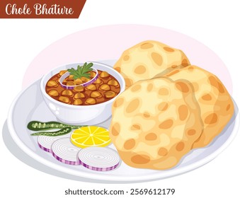 Popular Chole Bhature Plate with Chana Masala, Puries, Sliced Onions, Lemon and Chili. Traditional Indian Street Breakfast