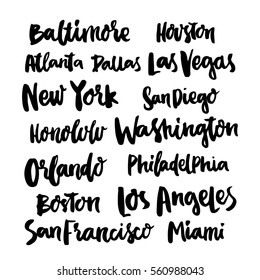 Popular Cities United States of America. Set of city names, hand-drawing of black ink. Vector.