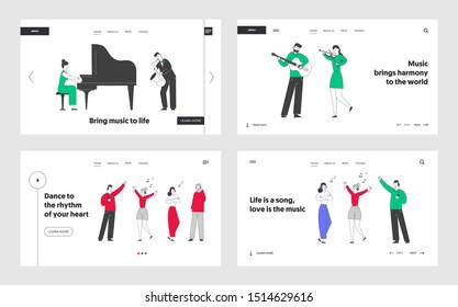 Popular and Classic Music Website Landing Page Set. Musicians Performing on Stage with Instruments. Young People Enjoying Listening Music Web Page Banner. Cartoon Flat Vector Illustration, Line Art