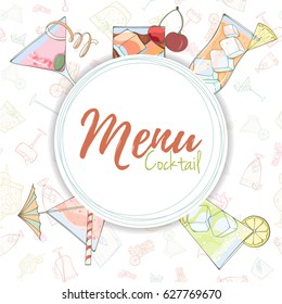 Popular cocktail menu. Summer alcohol drink card can be used for holiday cards, invitation, postcard, menu or website. Hand drawn illustration of different beverages: Margarita, Mai Tai, Cosmopolitan
