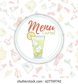 Popular cocktail menu. Summer alcohol drink card can be used for holiday cards, invitation, postcard, menu or website. Hand drawn illustration of different beverages Margarita, Mai Tai, Mojito 