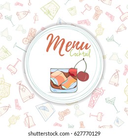 Popular cocktail menu. Summer alcohol drink card can be used for holiday cards, invitation, postcard, menu or website. Hand drawn illustration of different beverages Margarita, Mai Tai, Cosmopolitan