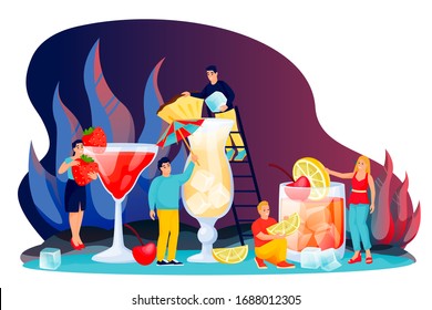 Popular cocktails making. Vector flat cartoon characters. Happy young people prepare old fashioned cocktail, pina colada and strawberries daiquiri alcohol drinks. Summer beach bar party illustration