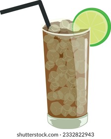 Bebida cocola popular cuba libre en color y estilo de ilustración fácil de usar. Bebida alcohólica de verano con cubos de hielo y rodajas de cal.Ideal para el uso en listas de bebidas y objetos de fondo en animación.