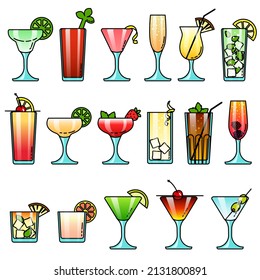 Popular Colorful Alcohol Cocktail Drink Glasses Icon Set For Menu, Party, Branding, Web, App Design In Cartoon Style. Isolated Objects Vector Illustration