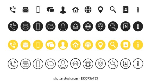 Popular Contact information icons set - Contact us. Web icon. Business card contact information icons. Vector symbols set for web and mobile app. Contact us icons set of differents styles