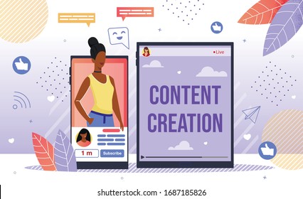 Popular Content Author, Successful Blogger Career, Blog Creation and Online Promotion Concept. African-American Woman Vlogger, Live Steamer Profile on Smartphone Screen Trendy Flat Vector Illustration