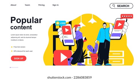 Popular content concept for landing page template. Man and woman hold smartphones with viral videos. Followers and blogging people scene. Vector illustration with flat character design for web banner