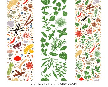 Popular Cooking herbs and spices set organized in three ribbons. Culinary seasonings flat poster. Design for decoration, store, health care products, flyer, banner, wrapping paper, textile