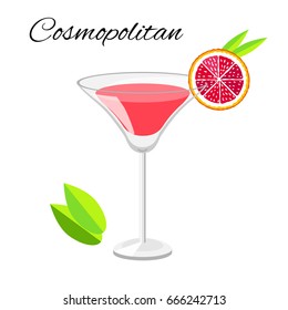 Popular Cosmopolitan cocktail vector cartoon style. Summer long drink isolated on white for restaurant, bar menu or beach party banner and flyer