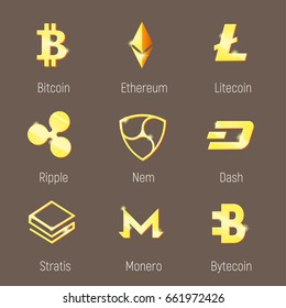 Popular cripto currency logo: Monero, Bytecoin, Stratis, Dash, Litecoin, Nem, Ripple, Ethereum, Bitcoin. Perfect vector set for apps and websites