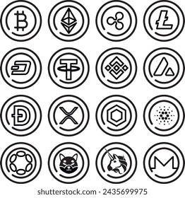 Popular cryptocurrency iconography logo set drawn with black lines