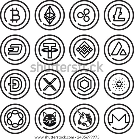 Popular cryptocurrency iconography logo set drawn with black lines