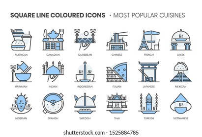 Popular Cuisines related, square line color vector icon set for applications and website development. The icon set is editable stroke, pixel perfect and 64x64. 