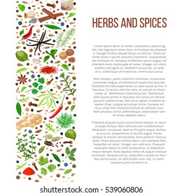 Popular culinary herbs and spices set in column with description. Benefits of cooking spices in informative poster with text. Design for cosmetics, store, market, health care products, flyer, banner