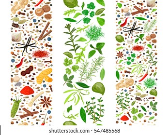 Popular culinary herbs and spices set organized in three ribbons. Cooking seasonings poster. Design for decoration, cosmetics, store, health care products, flyer, banner, wrapping paper, textile