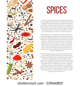 Popular culinary spices set in column with description. Benefits of cooking spices in informative poster with text. Design for cosmetics, store, market, health care products, flyer, price tag, banner