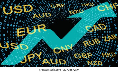 popular currency symbols, a blue upward arrow and a digital background, symbolizing the financial technology of the currency market