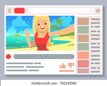 Popular muchacha linda liderando canal de transmisión en línea en alojamiento de videos en internet. Youtuber en el concepto de ilustración vectorial de vacaciones de verano