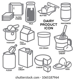 Popular Dairy Product Illustrated Are Created In Grey Icon For Your Cooking Book, Diary, Shortnote. It Can Be Cute Icon Or Sticker For Your Cookbook. Bon Appetite.