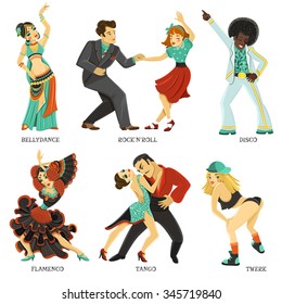 Popular dance pair and individual flat icons set with twerk tango rock and roll isolated vector illustration