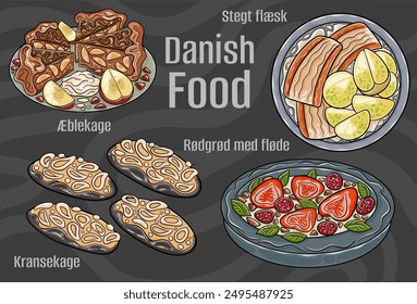 Popular Danish Traditional Cuisine Set. Hand-drawn vector illustration on a dark background. 