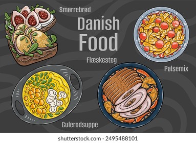 Popular Danish Traditional Cuisine Set. Hand-drawn vector illustration on a dark background. 