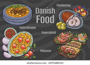 Popular Danish Traditional Cuisine Set. Hand-drawn vector illustration on a dark background. 