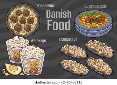 Popular Danish Traditional Cuisine Set. Hand-drawn vector illustration on a dark background. 