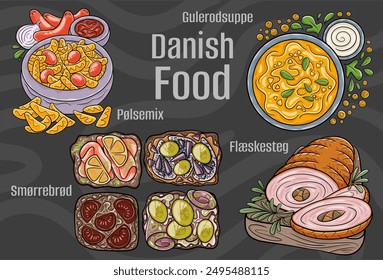 Popular Danish Traditional Cuisine Set. Hand-drawn vector illustration on a dark background. 