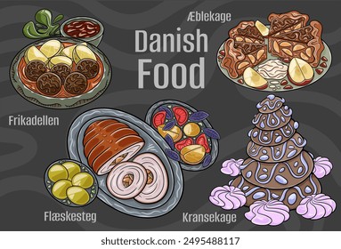 Popular Danish Traditional Cuisine Set. Hand-drawn vector illustration on a dark background. 