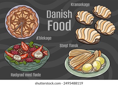 Popular Danish Traditional Cuisine Set. Hand-drawn vector illustration on a dark background. 