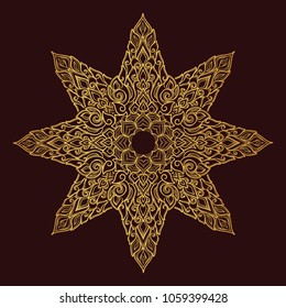 Popular decorative motif in South Eastern Asia. Intricate star shaped ornament. Hand drawing. Golden mandala Isolated on black background. EPS10 vector illustration