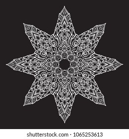 Popular decorative motif in South Eastern Asia. Intricate star shaped ornament. Hand drawing. Tattoo design. Isolated on black background. EPS10 vector illustration