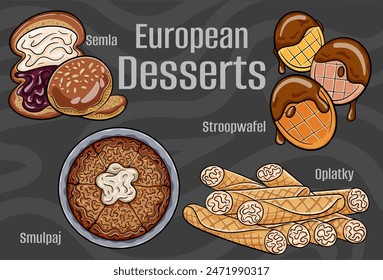 Popular desserts and sweets of European cuisines. Hand-drawn vector illustration