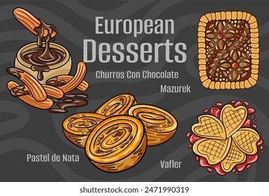 Popular desserts and sweets of European cuisines. Hand-drawn vector illustration