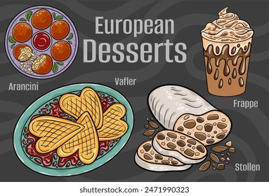 Popular desserts and sweets of European cuisines. Hand-drawn vector illustration