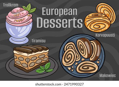 Popular desserts and sweets of European cuisines. Hand-drawn vector illustration