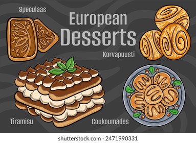 Popular desserts and sweets of European cuisines. Hand-drawn vector illustration