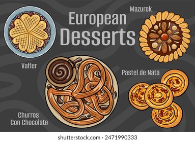 Popular desserts and sweets of European cuisines. Hand-drawn vector illustration