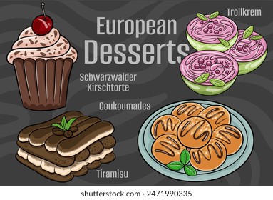 Popular desserts and sweets of European cuisines. Hand-drawn vector illustration