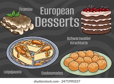 Popular desserts and sweets of European cuisines. Hand-drawn vector illustration