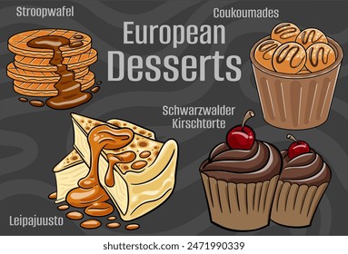 Popular desserts and sweets of European cuisines. Hand-drawn vector illustration