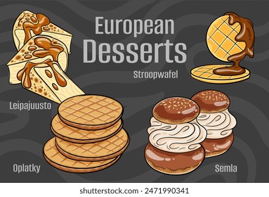 Popular desserts and sweets of European cuisines. Hand-drawn vector illustration